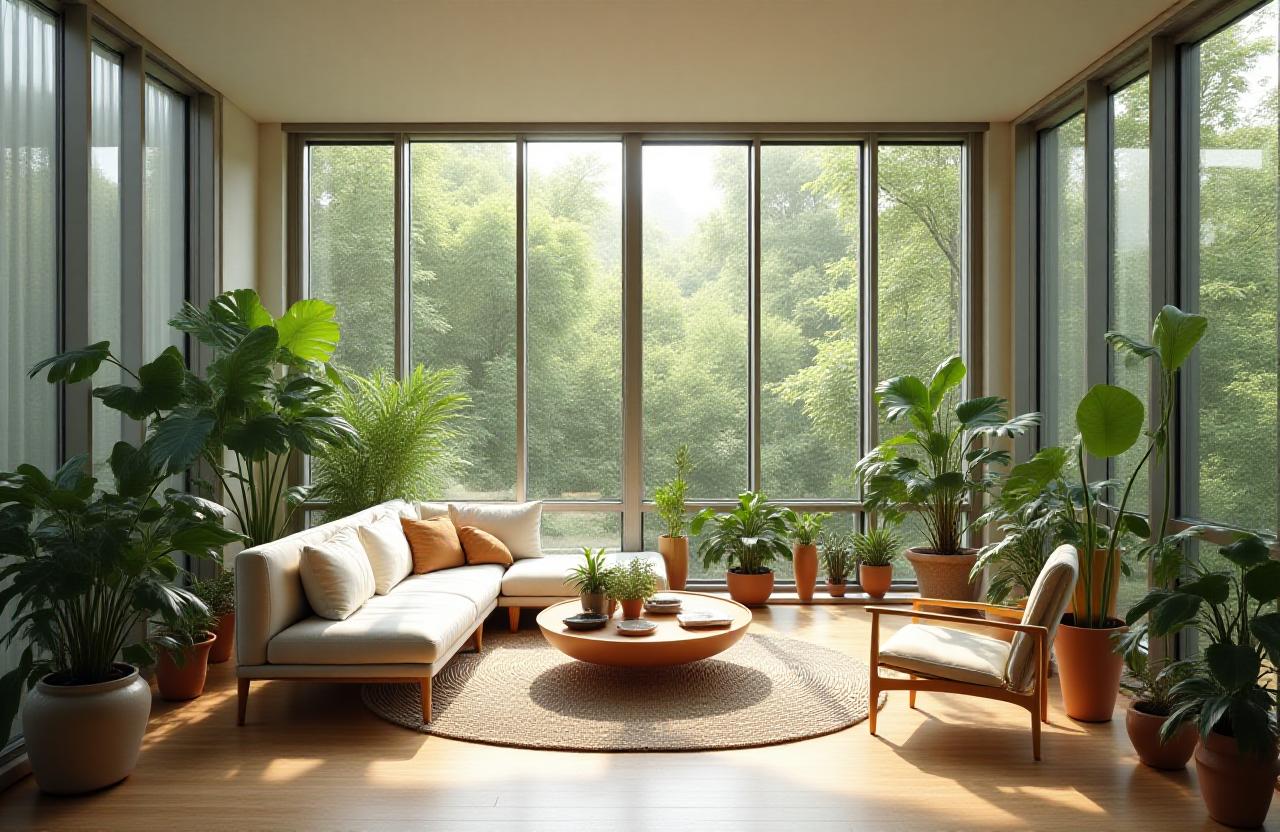 Interno moderno ecosostenibile con piante e luce naturale
