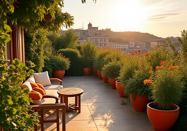 Un accogliente balcone fiorito a Roma con arredamento ecosostenibile