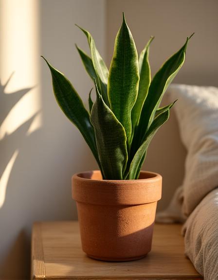 Pianta Sansevieria in un vaso di terracotta in camera da letto